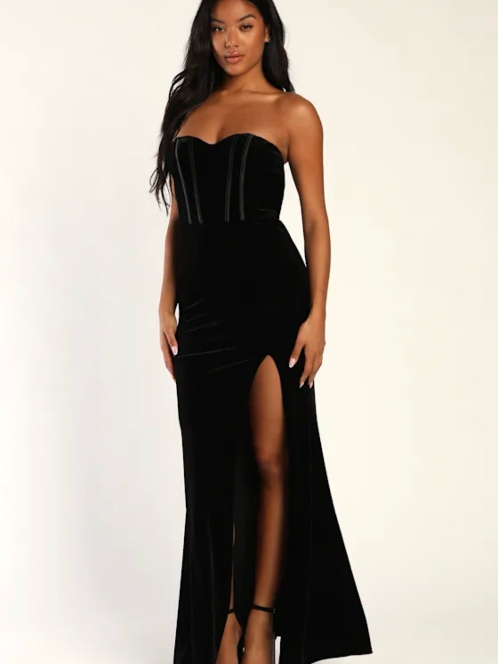 Lulu's Black Strapless Velvet Gown with High Slit